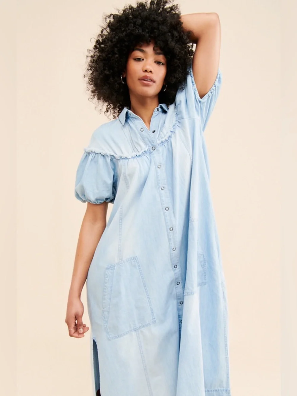 Free People Light Blue Puff-Sleeve Button-Front Midi Dress